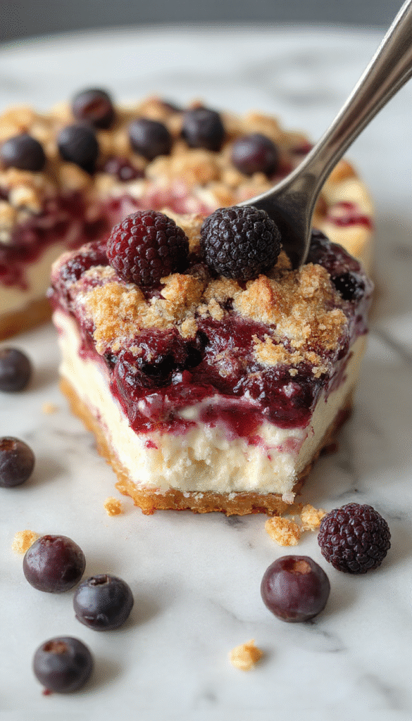 A vibrant blueberry crumble cheesecake topped with golden crumble and fresh blueberries, beautifully plated on a rustic white dish with a drizzle of glaze and mint leaves for garnish, showcasing the creamy texture and colorful fruit topping.