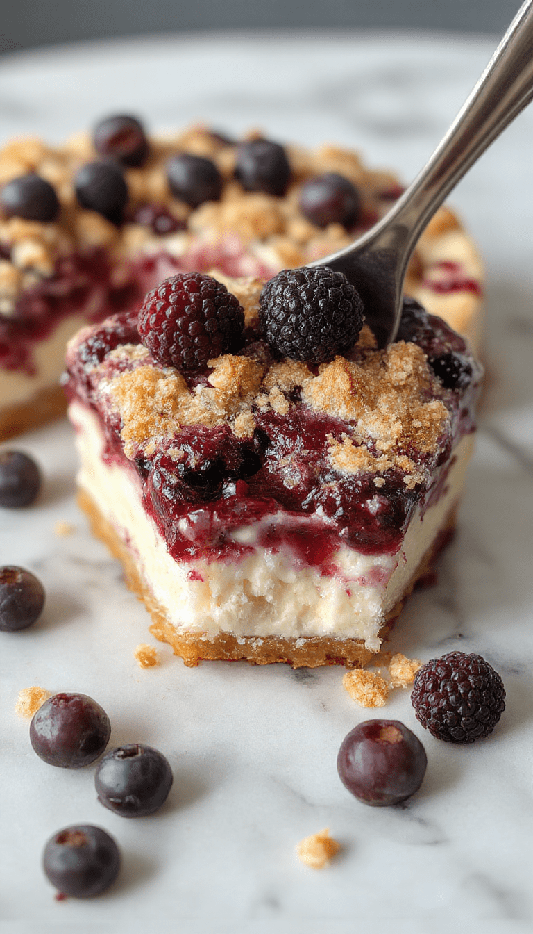 A vibrant blueberry crumble cheesecake topped with golden crumble and fresh blueberries, beautifully plated on a rustic white dish with a drizzle of glaze and mint leaves for garnish, showcasing the creamy texture and colorful fruit topping.