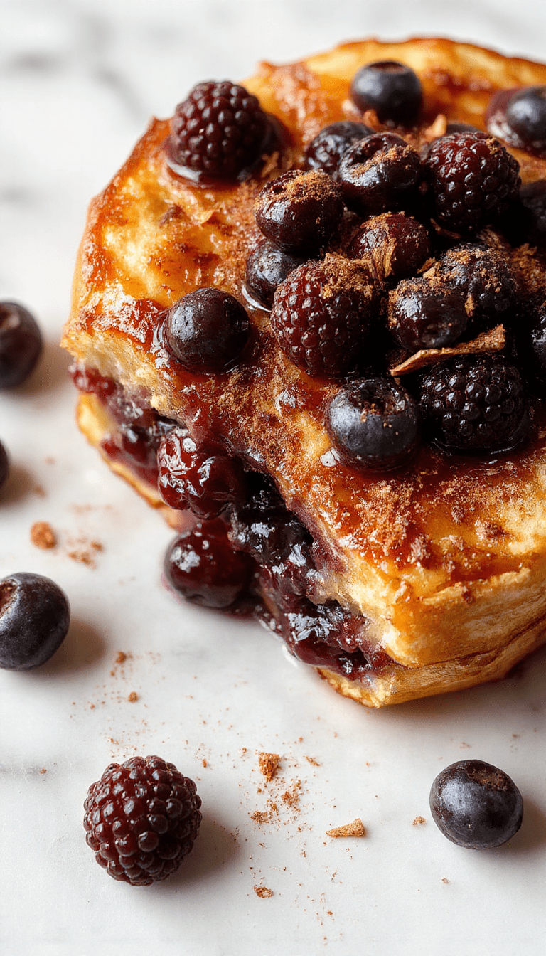 A vibrant, golden-brown blueberry French toast casserole topped with fresh blueberries, sprinkled with powdered sugar, served in a rustic white dish. The casserole reveals tender bread slices soaked in a rich custard, garnished with cinnamon and mint leaves, with a drizzle of syrup on the side. The presentation is warm and inviting, perfect for a family brunch.