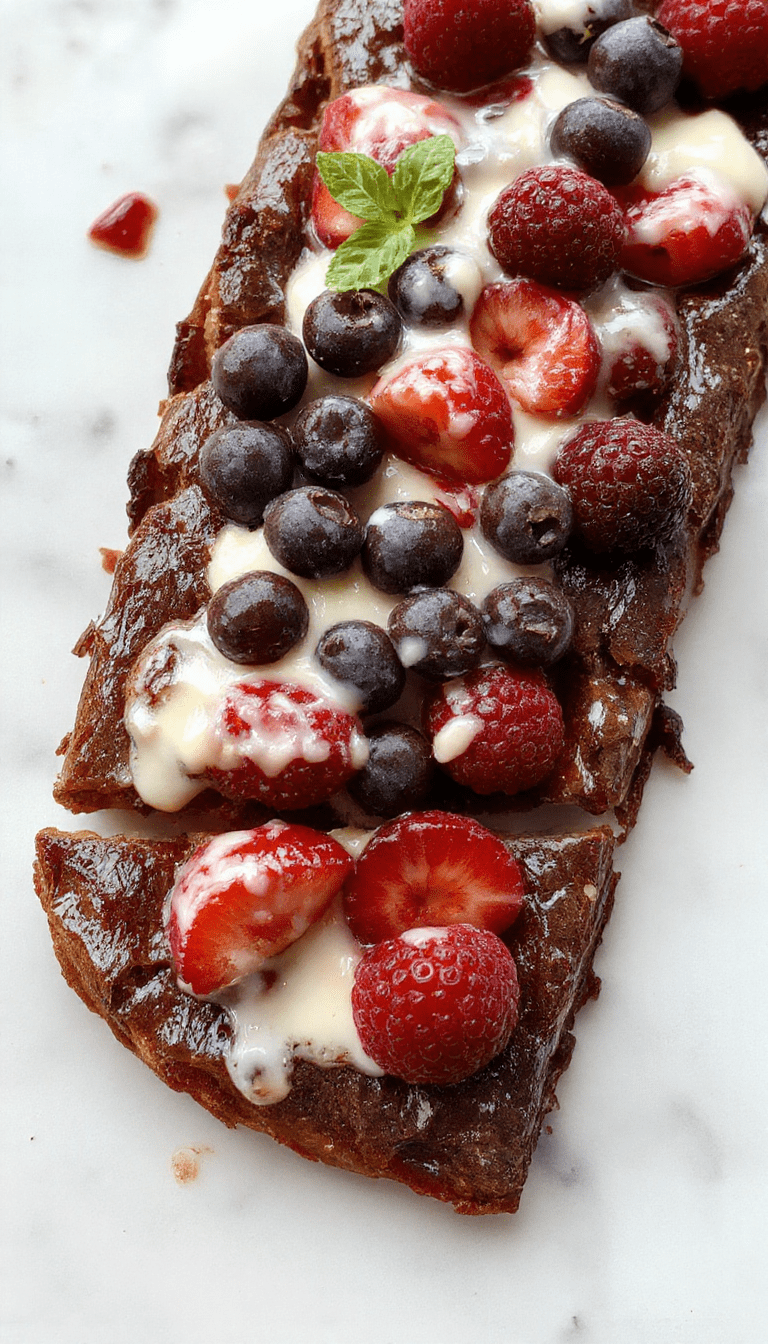 A colorful fruit pizza featuring a brownie crust topped with an array of vibrant sliced strawberries, blueberries, kiwi, and mango slices arranged in a decorative pattern, drizzled with white chocolate and finished with whipped cream accents, all presented on a rustic wooden platter with scattered fresh berries around.