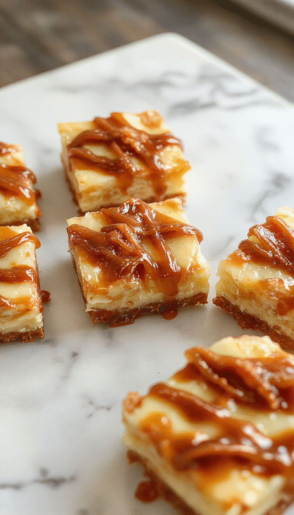 A close-up of golden caramel apple cheesecake bars arranged on a white plate, topped with glossy caramel drizzle and fresh apple slices, with a crumbly graham cracker crust visible beneath the creamy filling, styled on a rustic wooden surface with autumn-themed accents.