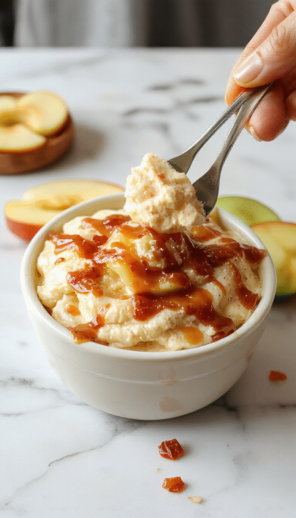 A vibrant, creamy caramel apple cheesecake dip presented in a clear glass bowl, topped with caramel drizzle and apple slices, surrounded by colorful candies and apple wedges on a rustic wooden table, with a spoon ready for serving, evoking an inviting and indulgent dessert scene.