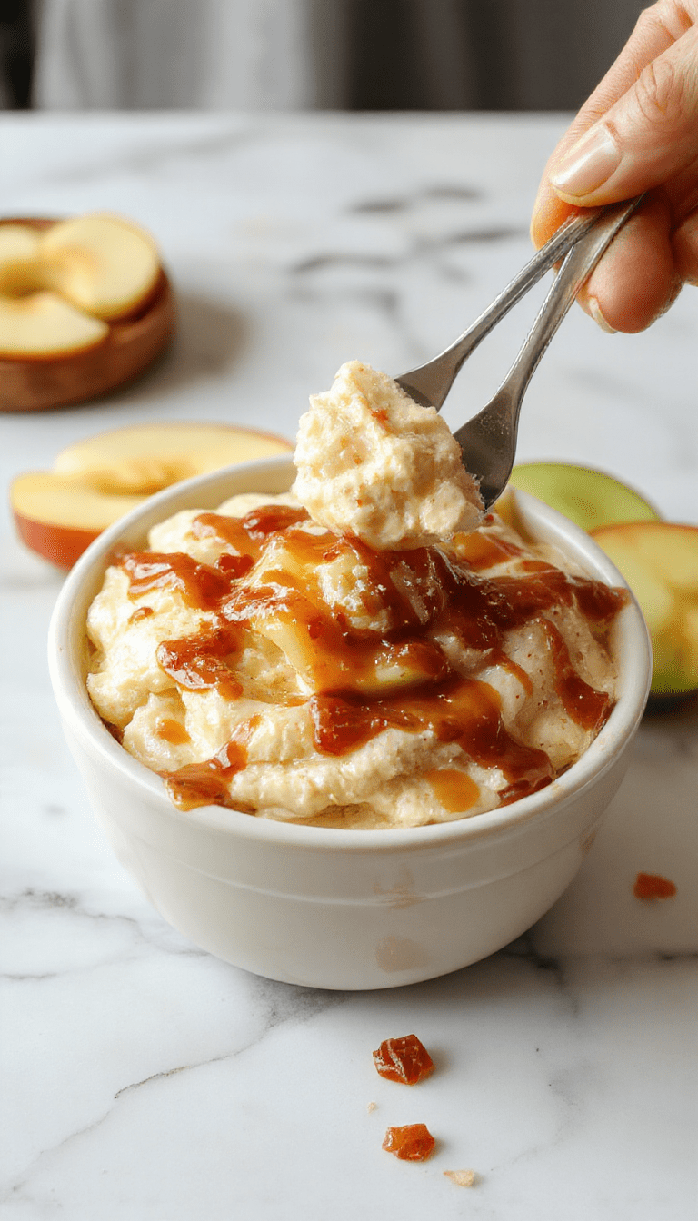 A vibrant, creamy caramel apple cheesecake dip presented in a clear glass bowl, topped with caramel drizzle and apple slices, surrounded by colorful candies and apple wedges on a rustic wooden table, with a spoon ready for serving, evoking an inviting and indulgent dessert scene.
