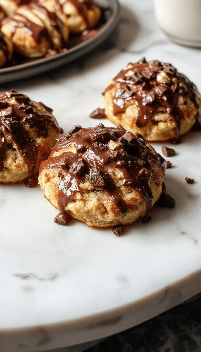 A vibrant and inviting chocolate croissant breakfast bake on a rustic wooden table, featuring golden-brown layers with melted chocolate swirls, garnished with powdered sugar and fresh berries, styled with a serving spatula and a cup of coffee in the background