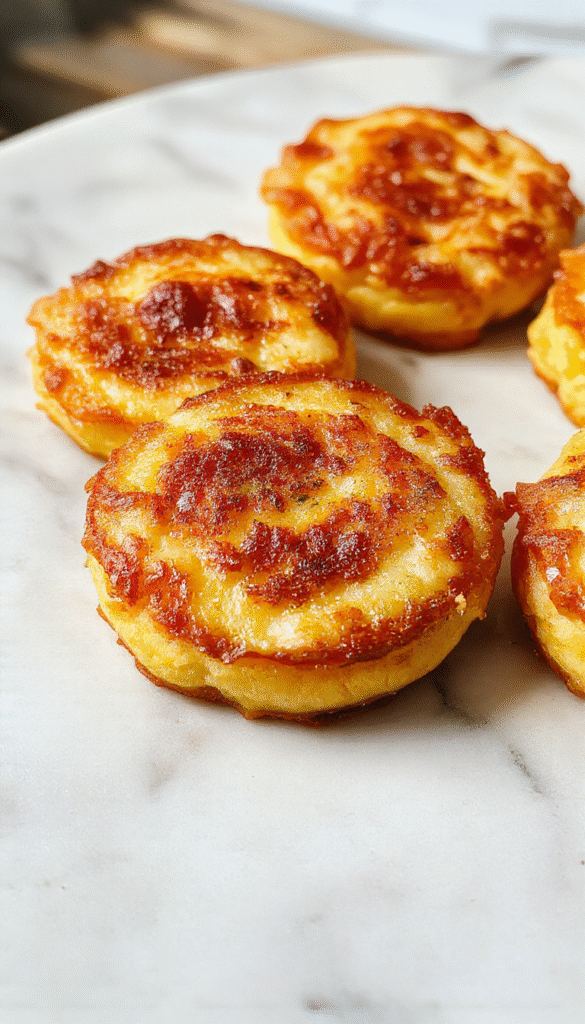 A close-up of golden-brown McGriddle bites arranged on a white plate, drizzled with syrup and topped with powdered sugar. The bites showcase a crispy exterior with a fluffy interior, garnished with fresh maple syrup and a sprinkle of powdered sugar for a tempting breakfast presentation.