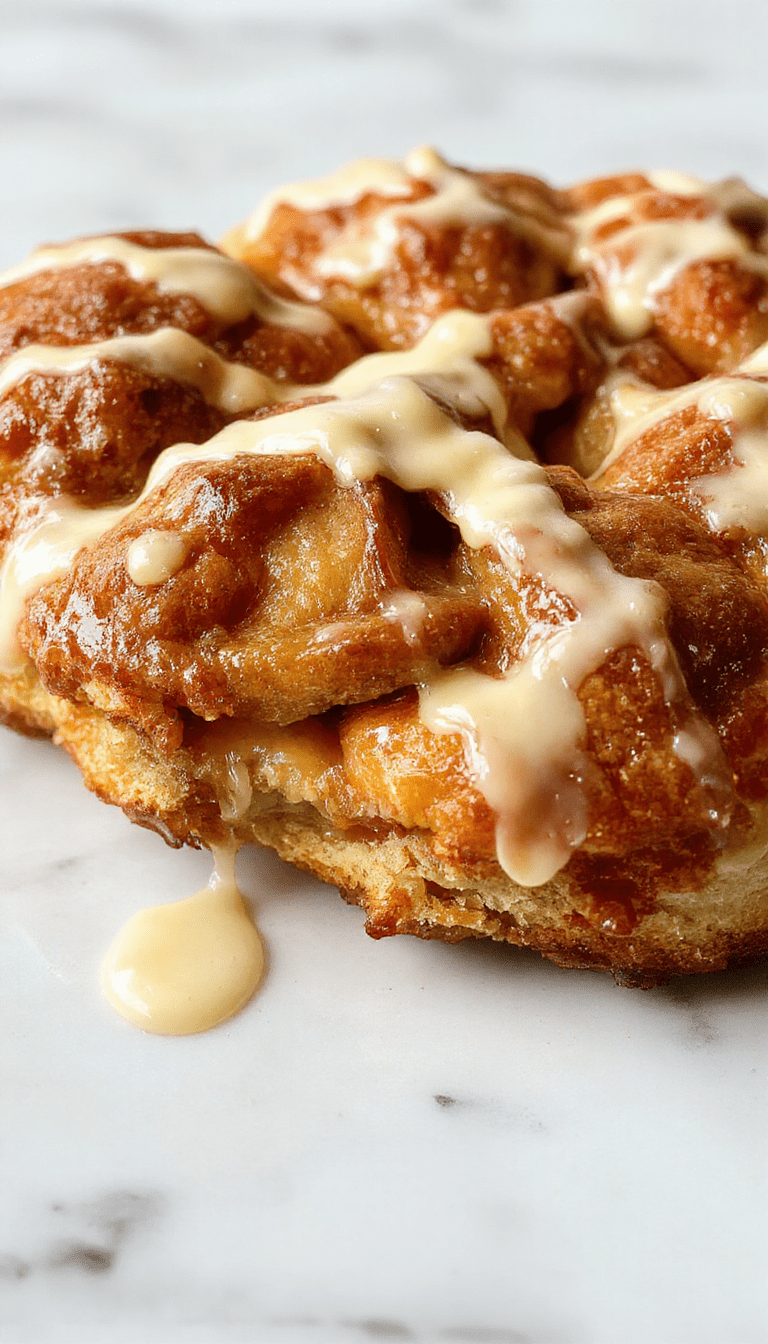 A close-up of a freshly baked apple kringle, golden brown and flaky, filled with tender apple slices and topped with a glossy vanilla glaze. The kringle is sliced open, revealing swirling layers of cinnamon-spiced apple filling, and elegantly decorated with drizzles of vanilla glaze. The dessert is presented on a rustic white plate, with a few apple slices and cinnamon sticks nearby, styled on a warm wooden table with natural lighting.