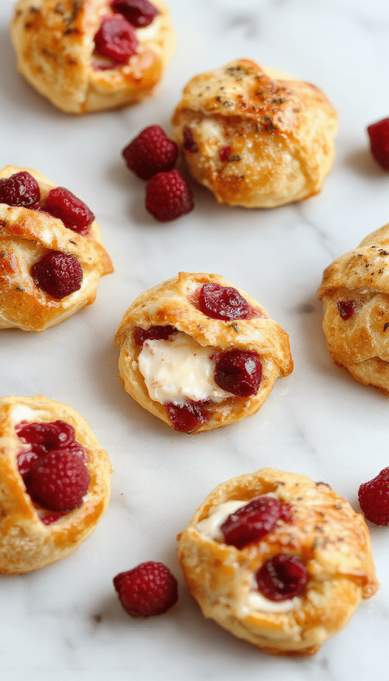 A close-up of golden-brown crescent bites filled with cream cheese and vibrant red cranberries, arranged on a rustic white platter with a festive fall backdrop and fresh cranberries scattered around, showcasing their flaky texture and creamy filling.