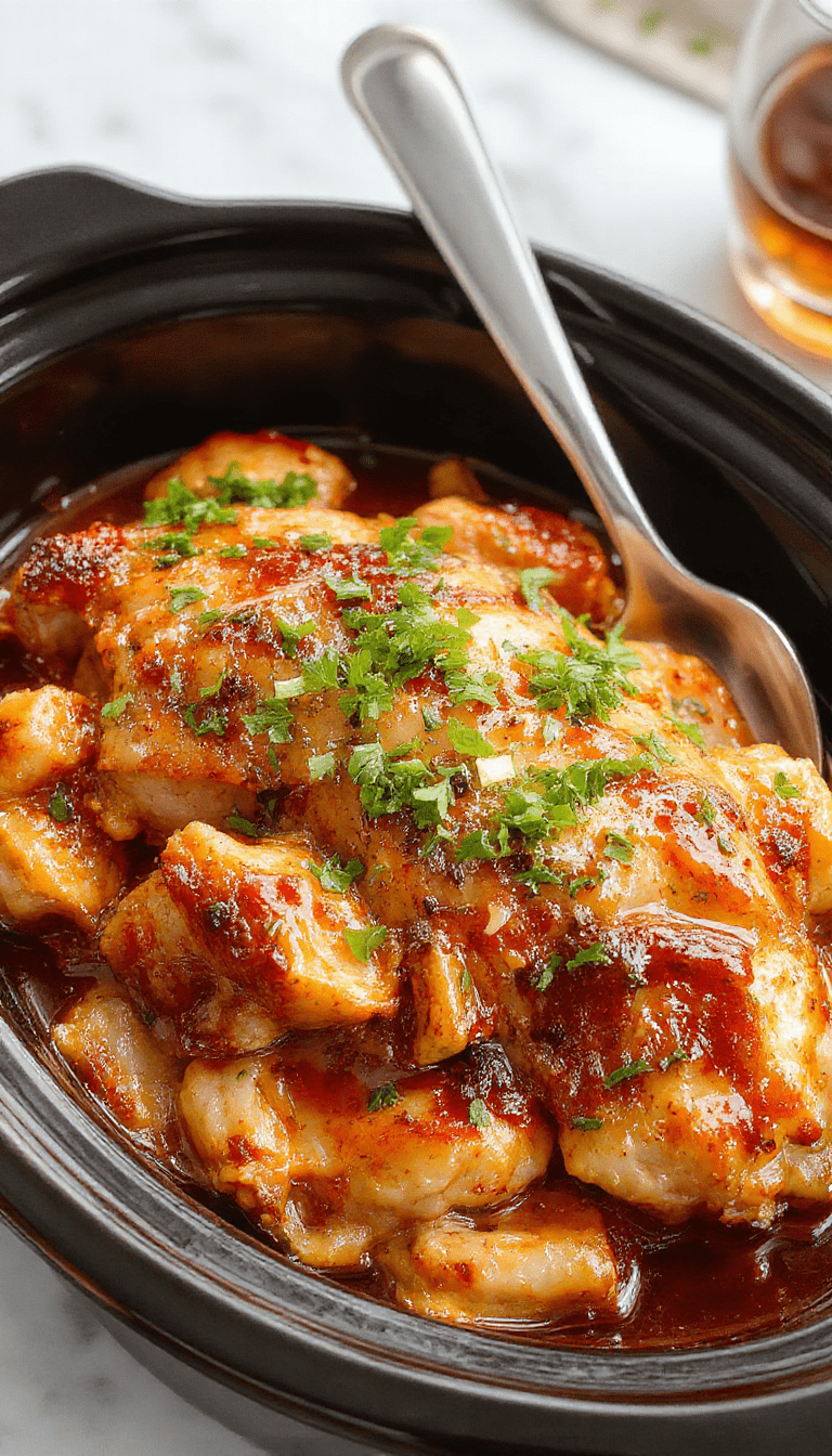 Colorful bowl of tender bourbon chicken with a rich caramelized glaze, garnished with sliced green onions and sesame seeds, served on a rustic wooden surface with a glossy sauce.