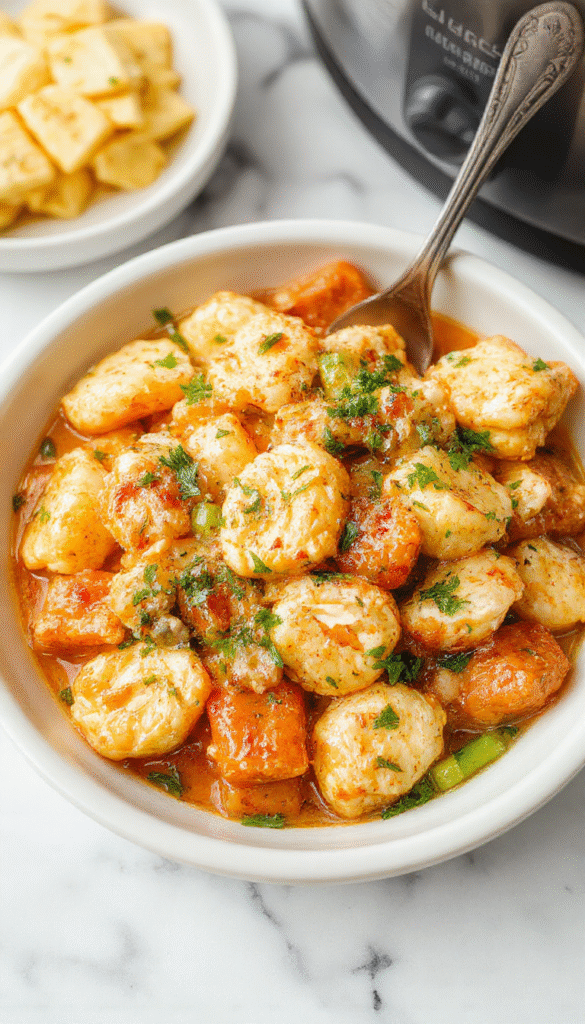A vibrant plate of creamy chicken tortellini served in a white bowl, garnished with fresh basil and grated Parmesan cheese, with a colorful background of vegetables and herbs.