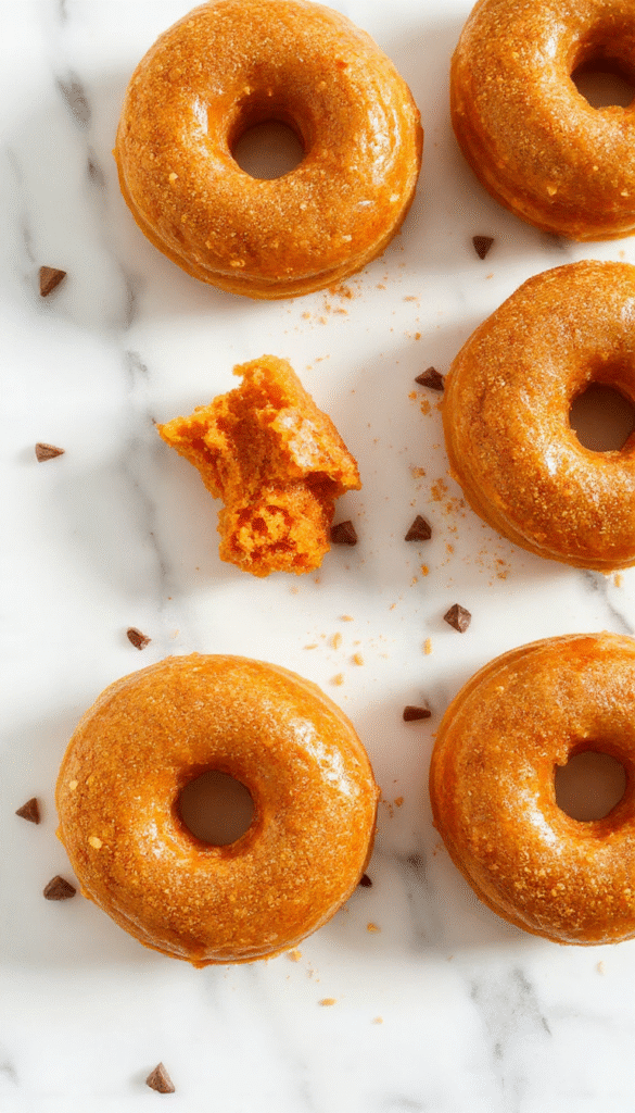 A plate of freshly baked pumpkin donuts with a golden-brown exterior, topped with a light dusting of powdered sugar and a drizzle of caramel. The donuts are arranged on a rustic wooden platter with a vibrant orange pumpkin in the background, accented by fall leaves and cinnamon sticks. The scene is bright with warm natural light emphasizing the inviting textures and seasonal colors.