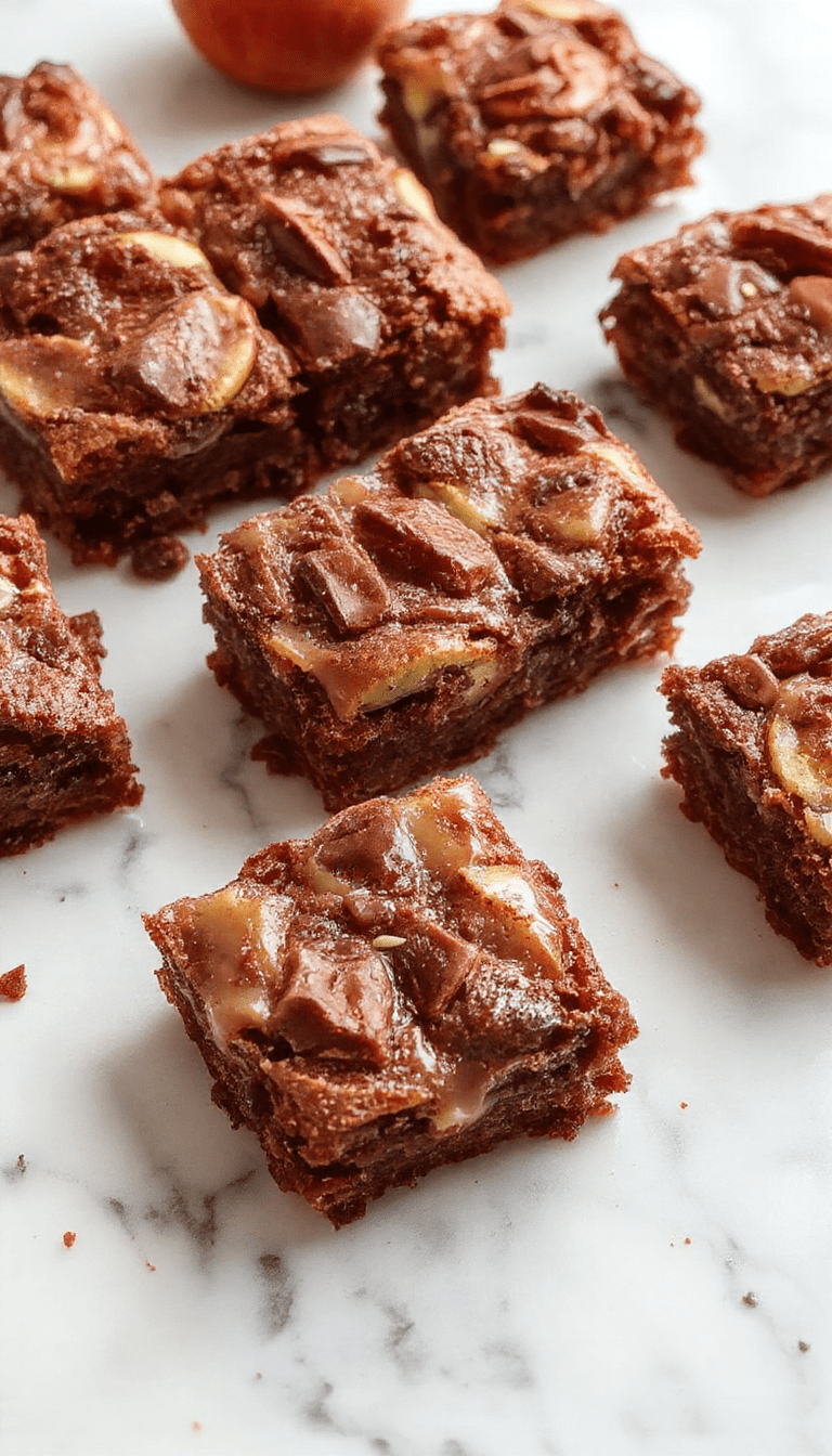 A close-up image of rustic apple brownies with a golden-brown crust topped with flaky cinnamon sugar. The brownies are sliced open to reveal a moist, chewy interior with visible apple chunks and swirls of caramel. The plate is styled with autumn leaves and a sprinkle of powdered sugar, evoking a cozy fall atmosphere with warm, inviting tones.