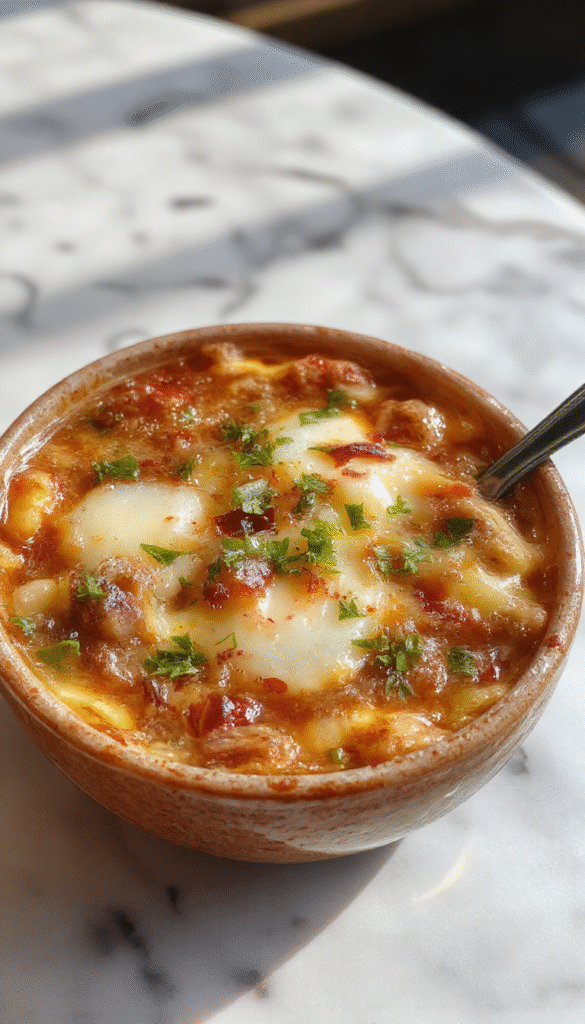 A vibrant, close-up shot of a freshly baked French Onion Soup Pizza on a rustic wooden surface. The pizza features a golden, bubbly cheese crust topped with caramelized onions, melted cheese, and a sprinkle of fresh herbs. The background showcases a cozy kitchen setting with hints of kitchen utensils and a warm ambiance.