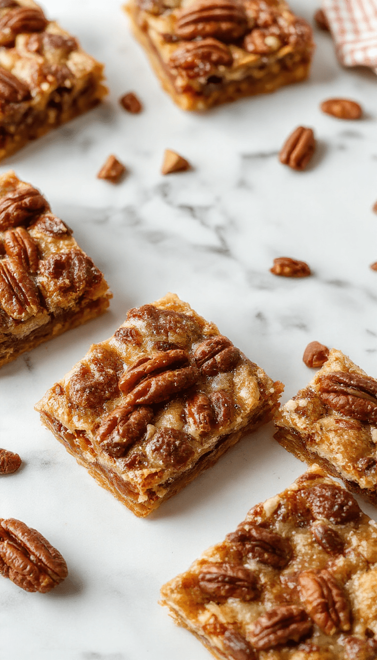A close-up of golden-brown pecan pie bars arranged on a rustic white plate, showcasing chopped pecans and gooey caramel filling with a flaky crust, styled with fresh pecans scattered around, shot in bright natural light highlighting the glossy topping and crisp edges.