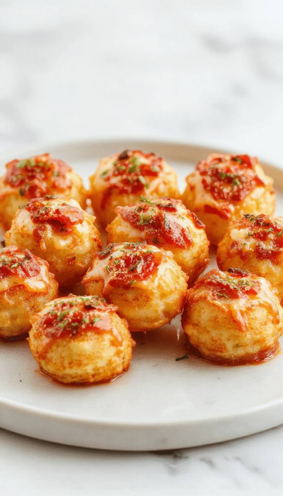 Colorful plate of golden-brown loaded tater tot appetizers topped with melted cheese, diced bacon, green onions, and a dollop of sour cream. The crispy tots are arranged neatly on a white platter, highlighting their crunchy texture and vibrant toppings. The background features rustic wooden surface and fresh ingredients, styled for an enticing snack visual.