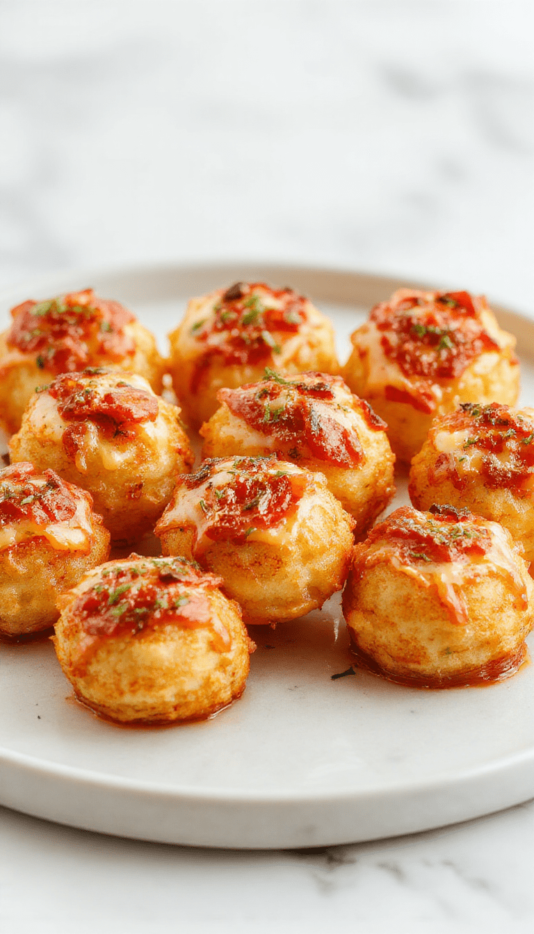 Colorful plate of golden-brown loaded tater tot appetizers topped with melted cheese, diced bacon, green onions, and a dollop of sour cream. The crispy tots are arranged neatly on a white platter, highlighting their crunchy texture and vibrant toppings. The background features rustic wooden surface and fresh ingredients, styled for an enticing snack visual.