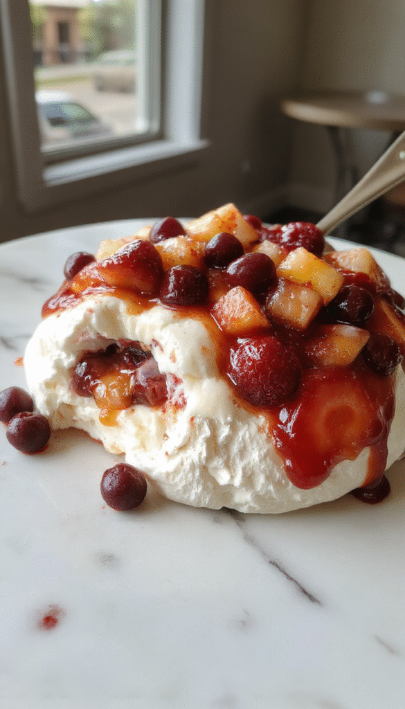 A beautifully plated pavlova dessert featuring a crisp, airy meringue base topped with whipped cream and an assortment of colorful fresh fruits like strawberries, blueberries, kiwi, and passion fruit. The plate showcases vibrant colors, smooth textures, and elegant garnishing, with a sprinkle of powdered sugar and mint leaves for refinement.