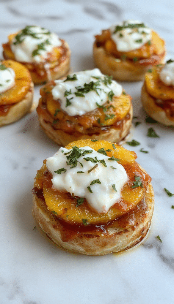 A vibrant plate of peach bruschetta featuring toasted baguette slices topped with fresh peach slices, creamy whipped ricotta, and a sprinkle of mint, presented on a rustic wooden board with colorful garnishes making the dish look enticing and fresh.