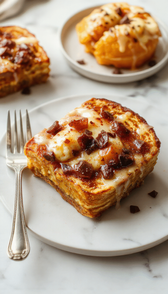 A vibrant plate of pumpkin french toast topped with whipped cream, caramelized bananas, and a sprinkle of powdered sugar, with a cozy autumn-themed background featuring pumpkins and cinnamon sticks, showcasing golden-brown crispy edges and a fluffy interior.