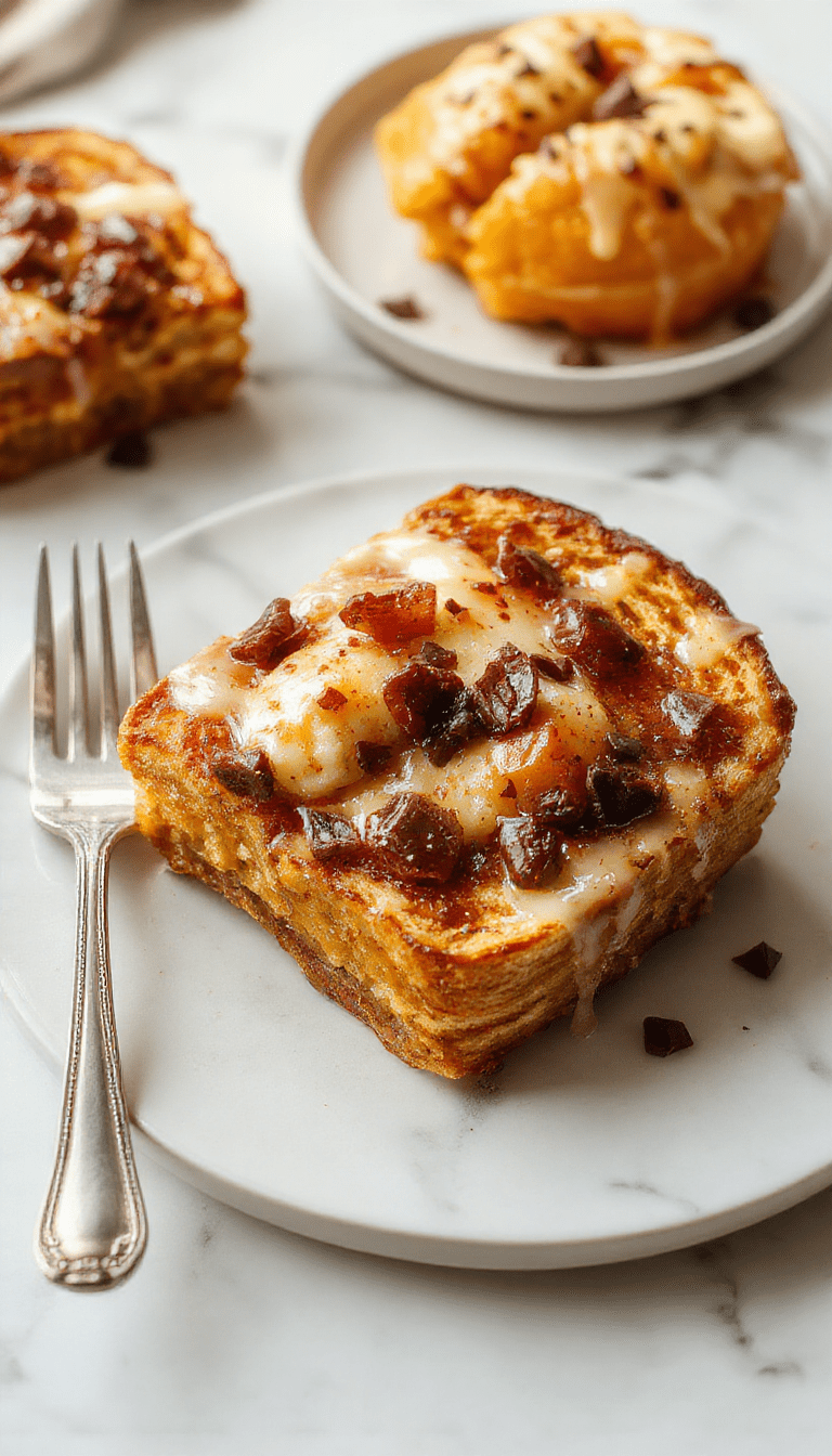 A vibrant plate of pumpkin french toast topped with whipped cream, caramelized bananas, and a sprinkle of powdered sugar, with a cozy autumn-themed background featuring pumpkins and cinnamon sticks, showcasing golden-brown crispy edges and a fluffy interior.