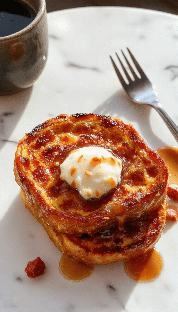 A vibrant plate of pumpkin French toast topped with powdered sugar and caramelized pecans, garnished with fresh orange slices and a dusting of cinnamon, set on a rustic wooden table with maple syrup drizzled over the toast, capturing a warm and inviting breakfast scene with a bright and cozy ambiance.