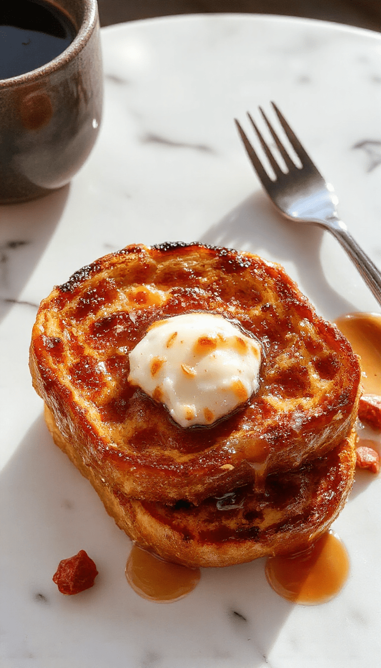 A vibrant plate of pumpkin French toast topped with powdered sugar and caramelized pecans, garnished with fresh orange slices and a dusting of cinnamon, set on a rustic wooden table with maple syrup drizzled over the toast, capturing a warm and inviting breakfast scene with a bright and cozy ambiance.