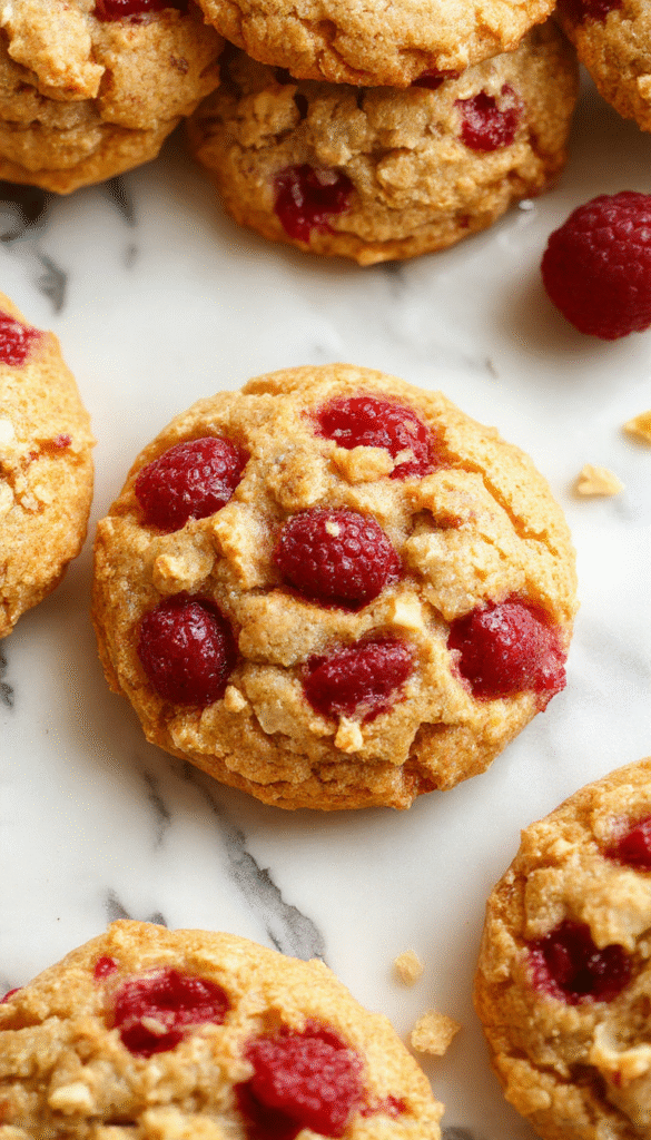 A close-up of buttery raspberry crumble cookies on a rustic wooden plate, showcasing vibrant red raspberries, golden-brown crumb topping, and a flaky texture, with soft lighting highlighting the glossy raspberry centers and crisp edges.