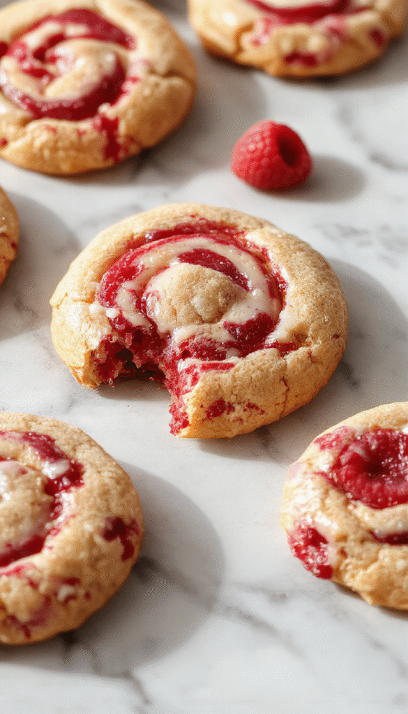 Beautifully crafted raspberry swirl cookies arranged on a white plate, showcasing vibrant red raspberry puree swirls within golden-brown cookies, garnished with fresh raspberries and mint leaves, styled with a light dusting of powdered sugar for a tempting and colorful presentation.
