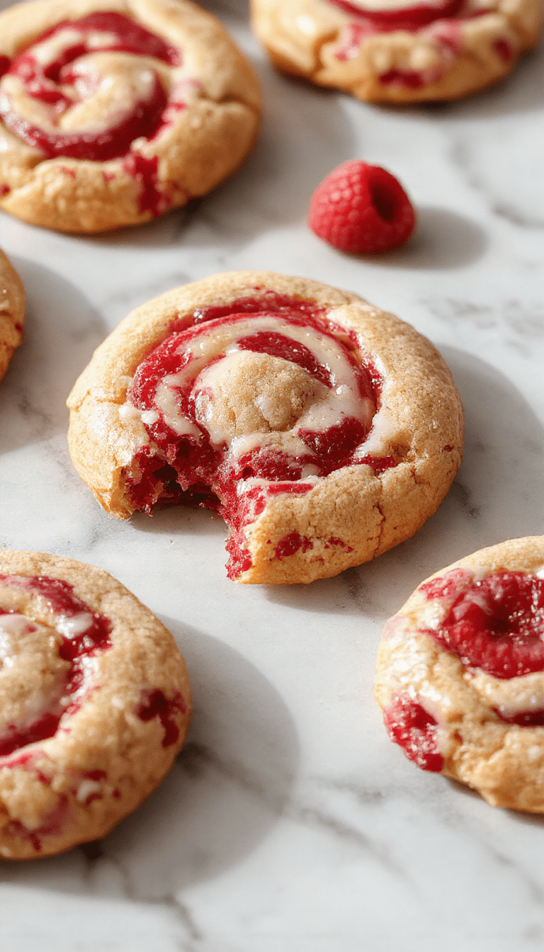 Beautifully crafted raspberry swirl cookies arranged on a white plate, showcasing vibrant red raspberry puree swirls within golden-brown cookies, garnished with fresh raspberries and mint leaves, styled with a light dusting of powdered sugar for a tempting and colorful presentation.