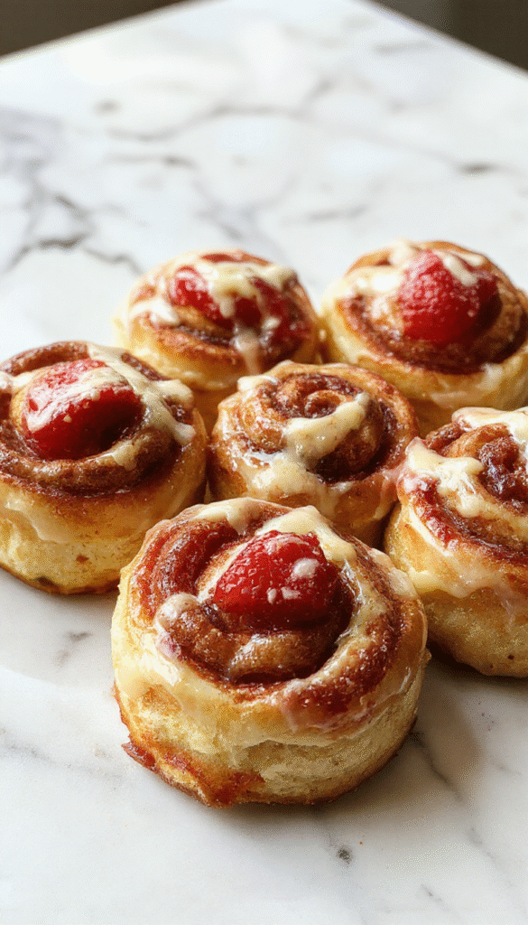 A close-up of golden-brown cinnamon rolls generously topped with a vibrant pink strawberry glaze and creamy cheesecake filling, arranged on a rustic white plate with fresh strawberries and mint leaves as garnish, highlighting the glossy glaze, soft layers, and inviting texture.