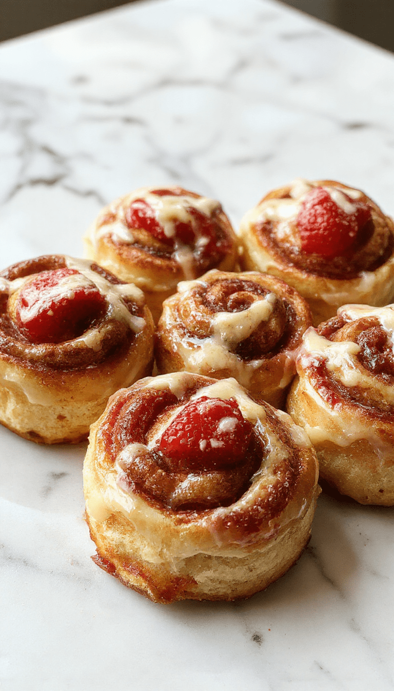 A close-up of golden-brown cinnamon rolls generously topped with a vibrant pink strawberry glaze and creamy cheesecake filling, arranged on a rustic white plate with fresh strawberries and mint leaves as garnish, highlighting the glossy glaze, soft layers, and inviting texture.