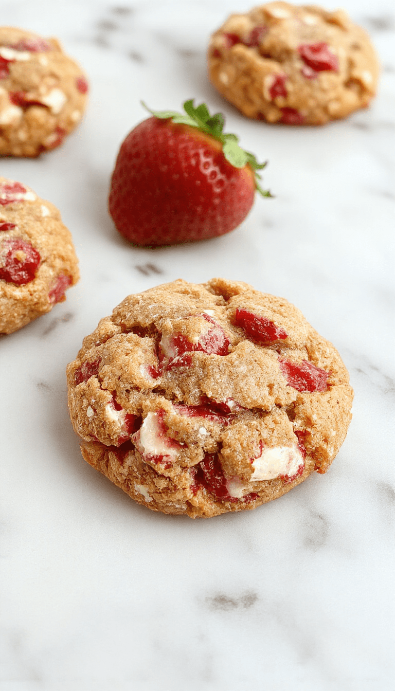 Colorful close-up of a plate of strawberry crunch cookies with a golden-brown crumb topping and fresh strawberries in the background, styled on a rustic wooden table with a sprinkle of powdered sugar