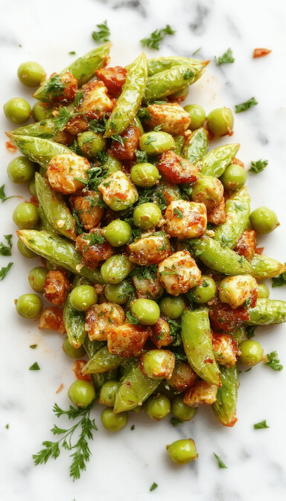 Colorful bowl of vibrant green peas garnished with fresh herbs on a rustic wooden table, showcasing a glossy texture and inviting presentation, perfect for a holiday side dish.