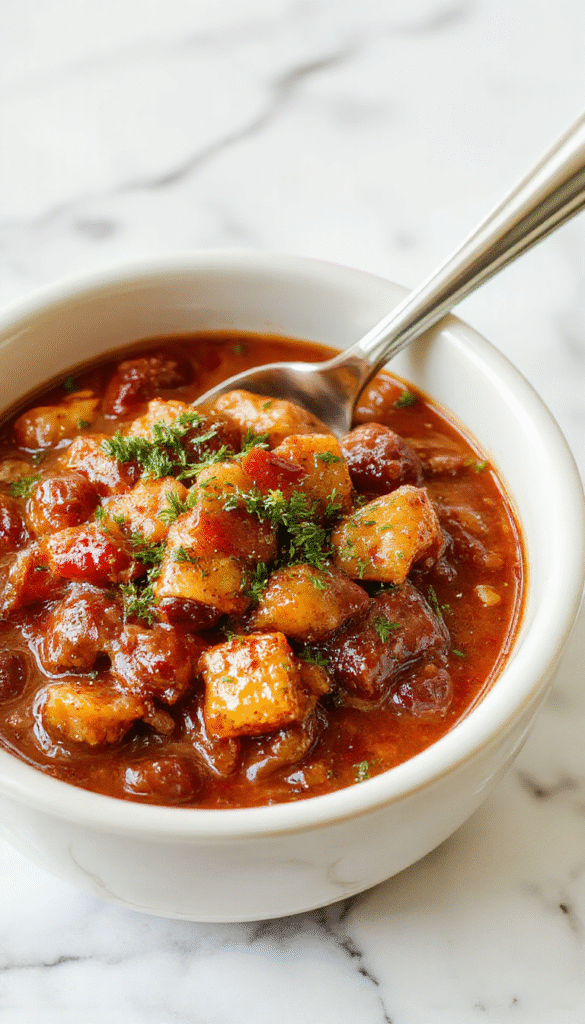 Colorful bowl of American Goulash featuring tender ground beef, vibrant tomato sauce, and al dente elbow macaroni, garnished with fresh herbs, styled in a rustic setting with a spoon beside the bowl.