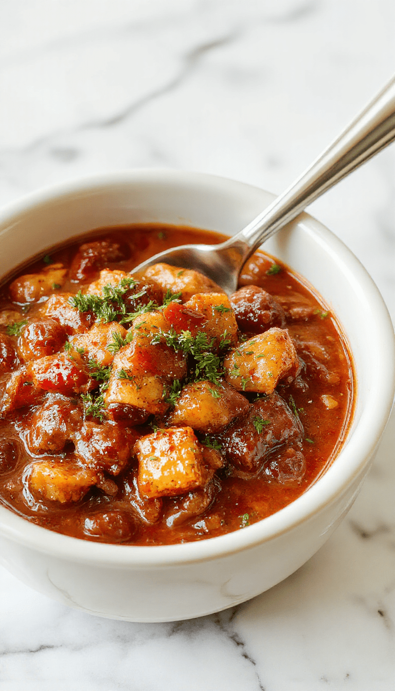 Colorful bowl of American Goulash featuring tender ground beef, vibrant tomato sauce, and al dente elbow macaroni, garnished with fresh herbs, styled in a rustic setting with a spoon beside the bowl.