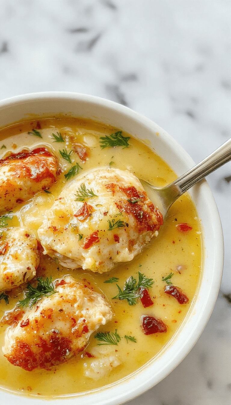 A vibrant bowl of chicken piccata soup featuring tender shredded chicken immersed in a golden, lemony broth dotted with capers and fresh herbs, garnished with lemon slices and parsley, served on a rustic wooden table with a soup spoon and bread on the side.