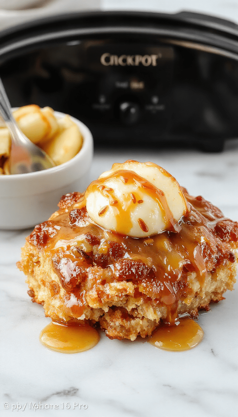 A vibrant caramel apple dump cake served in a rustic bowl, featuring golden-brown crumb topping drizzled with caramel sauce, surrounded by sliced fresh apples and caramel candies, styled on a wooden table with a fall-themed background.
