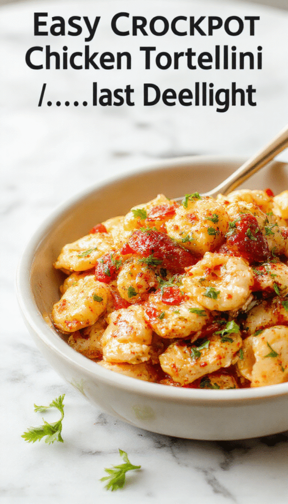 A warm, colorful bowl of chicken tortellini in a creamy broth topped with fresh herbs. The dish sits on a rustic wooden table with steam rising, showcasing tender tortellini, succulent chunks of chicken, and vibrant green spinach. The plating is inviting and cozy, emphasizing the creamy texture and hearty ingredients.