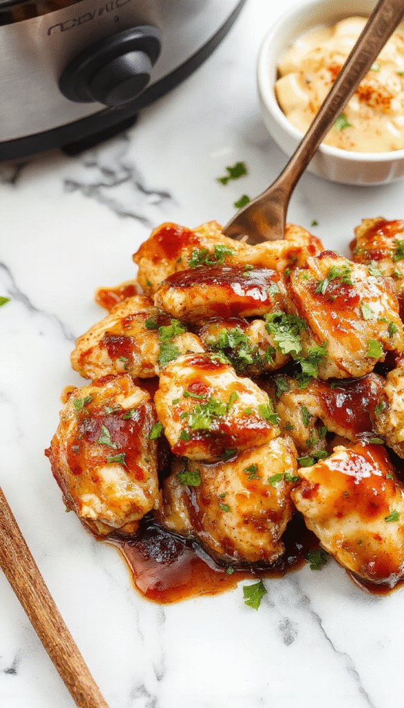 Colorful image of tender crockpot teriyaki chicken served on a white plate, glazed with shiny teriyaki sauce, garnished with sesame seeds and chopped green onions, with a background of vibrant steamed broccoli and fluffy white rice. The dish looks juicy, savory, and perfectly plated with a glossy finish.