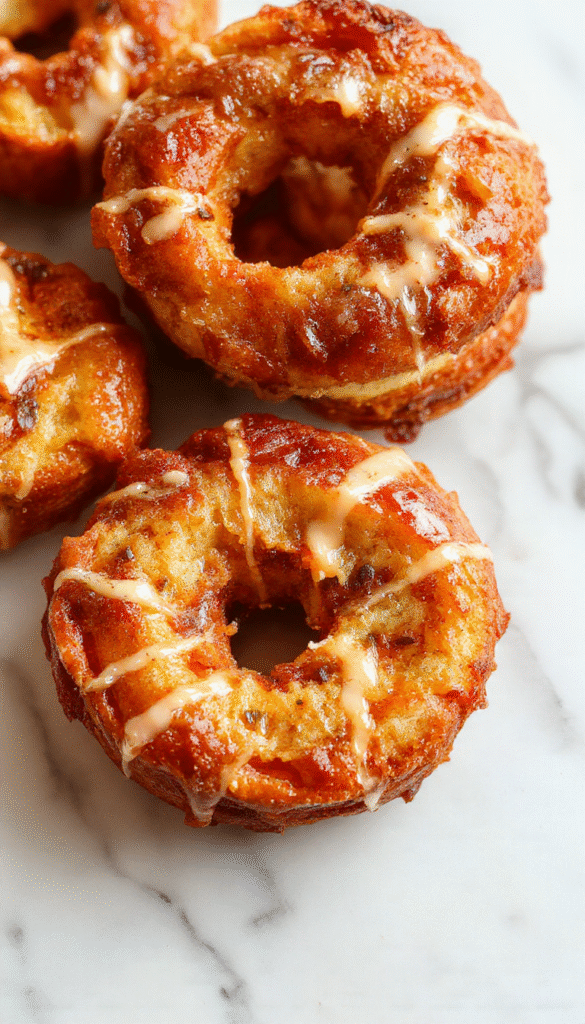 A golden-brown monkey bread arranged in a circular bundt pan, pulled apart to reveal soft, gooey layers coated with cinnamon and sugar, garnished with glaze and powdered sugar on a rustic wooden table