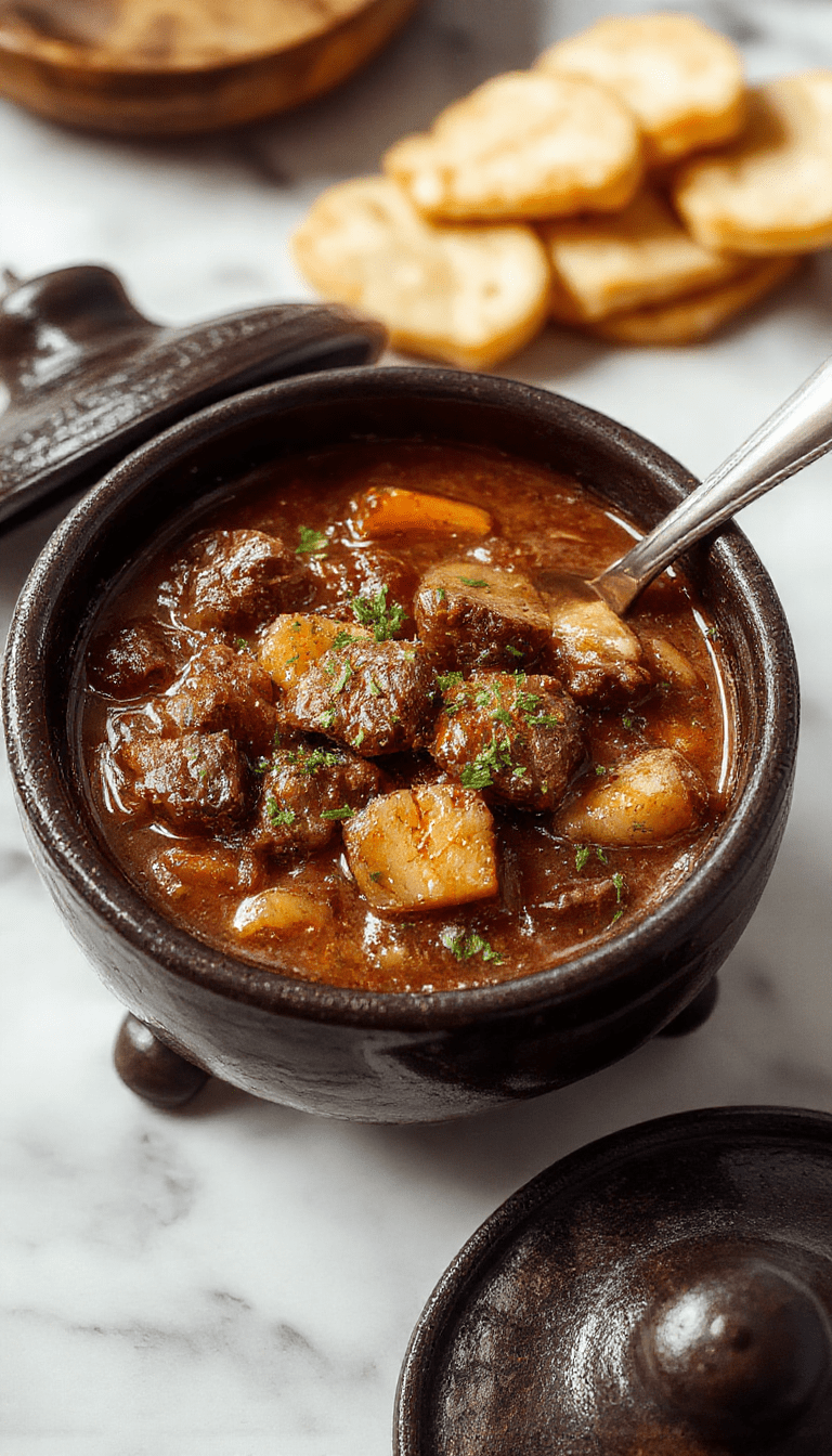 A steaming black cauldron-shaped bowl filled with hearty beef stew, topped with fresh herbs and vibrant vegetables, set on rustic wooden table with a dark background.