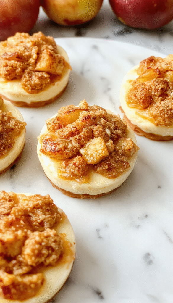 Colorful mini cheesecakes topped with golden apple slices and cinnamon crumble on a rustic wooden platter, with autumn leaves in the background, emphasizing warm fall tones, textures of creamy cheesecake contrasting with crispy topping.