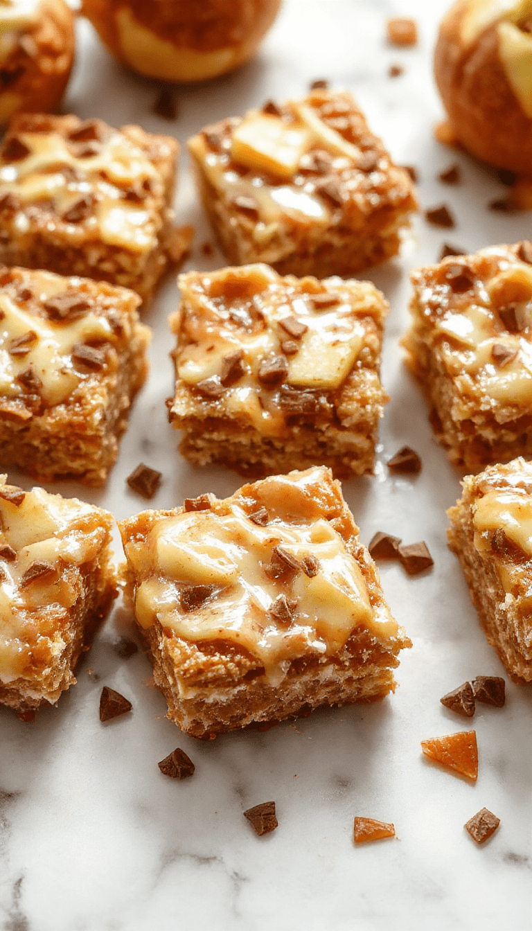 A close-up of golden apple bars topped with sticky salted caramel glaze, garnished with flaky sea salt, served on a rustic wooden platter with apple slices and caramel drizzles, capturing rich textures and warm fall tones.