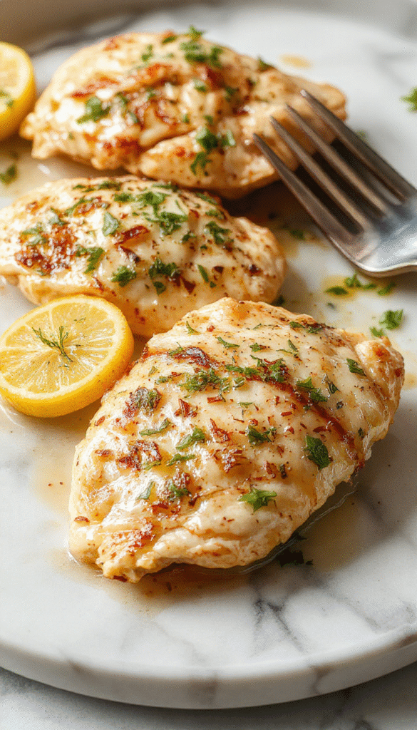 A vibrant plate of lemon chicken Romano featuring golden-brown chicken breasts topped with fresh lemon slices and chopped parsley, served alongside colorful roasted vegetables and a lemon wedge, all beautifully arranged on a rustic white platter with a lemon-yellow tablecloth background, highlighting the crispy textures and fresh ingredients.