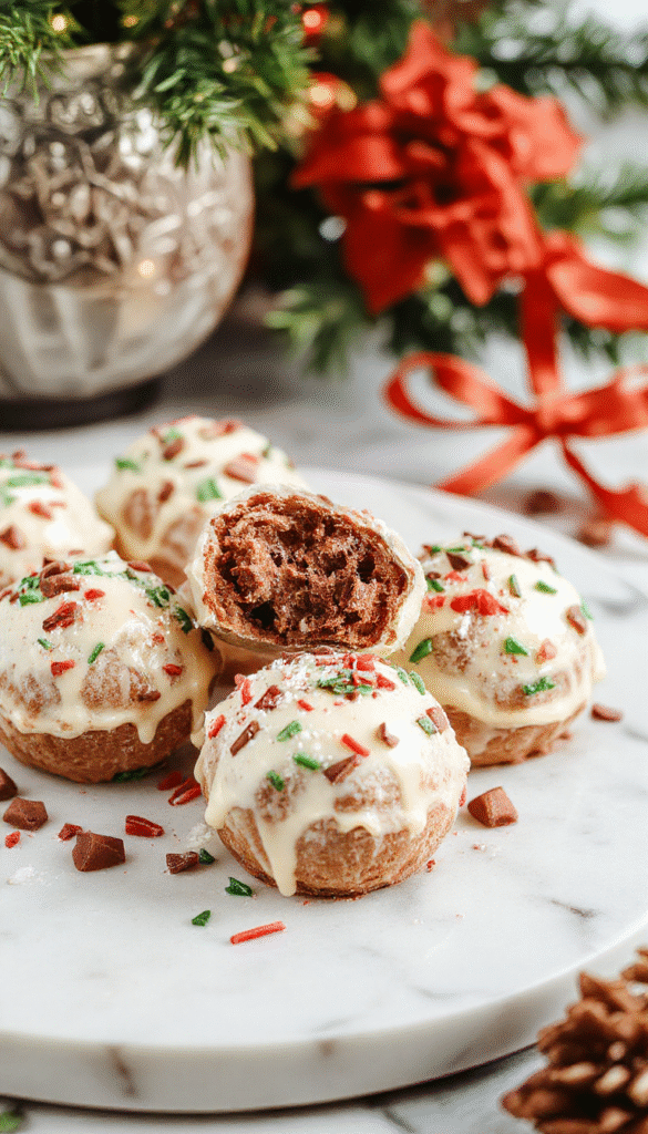 Colorful Christmas hot chocolate bombs with marshmallows and sprinkles on a rustic wooden table, showcasing vibrant red and green toppings, glossy chocolate shells, and a cozy holiday atmosphere.