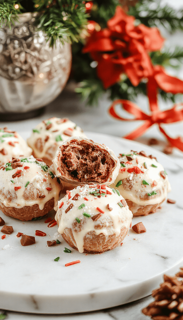 Colorful Christmas hot chocolate bombs with marshmallows and sprinkles on a rustic wooden table, showcasing vibrant red and green toppings, glossy chocolate shells, and a cozy holiday atmosphere.