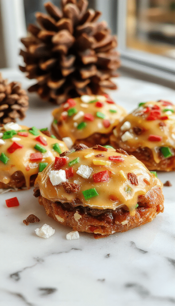 A close-up image of glossy, golden brown Christmas toffee arranged on a rustic wooden board, topped with crushed nuts and festive sprinkles, with a hint of peppermint and dark chocolate accents, styled with holiday-themed decorations and soft, warm lighting.