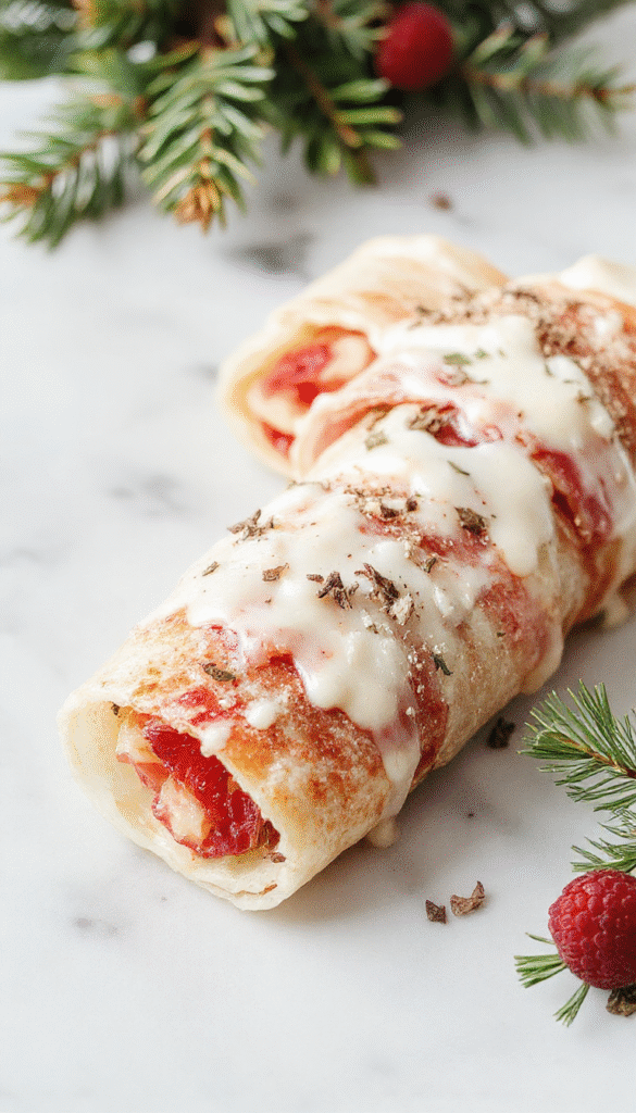 Colorful arrangement of cranberry roll ups with vibrant red and green garnishes, neatly stacked on a rustic wooden platter, showcasing creamy filling and fresh herbs, styled for a festive holiday setting