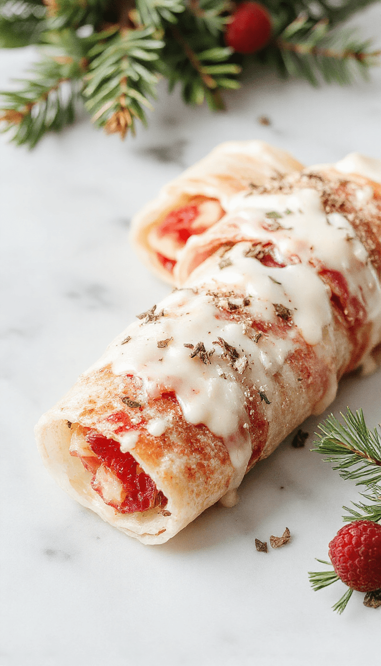 Colorful arrangement of cranberry roll ups with vibrant red and green garnishes, neatly stacked on a rustic wooden platter, showcasing creamy filling and fresh herbs, styled for a festive holiday setting