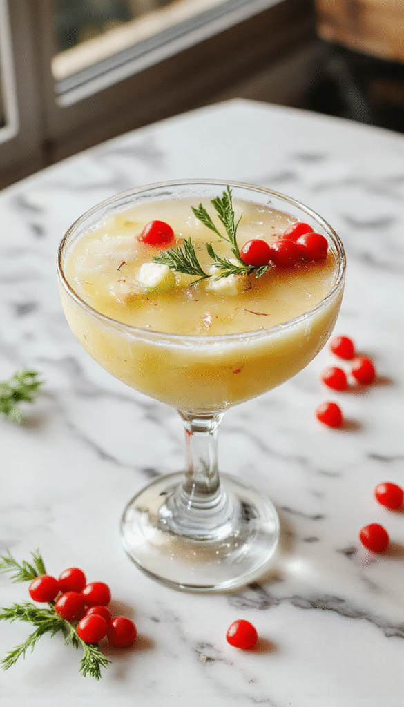 A vibrant margarita glass filled with a bright green drink garnished with a sprig of fresh mistletoe, lime wedge, and colorful holiday ornaments in the background, creating a festive and inviting holiday atmosphere.