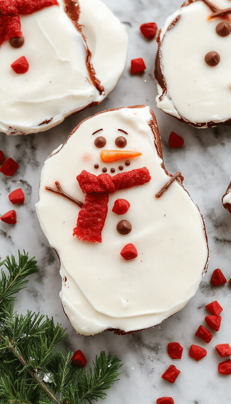 Colorful Christmas snowman-shaped chocolate bark with white, brown, and red accents, decorated with sprinkles and edible glitter, neatly arranged on a festive red plate with holiday decorations in the background, showcasing a wintry, joyful atmosphere